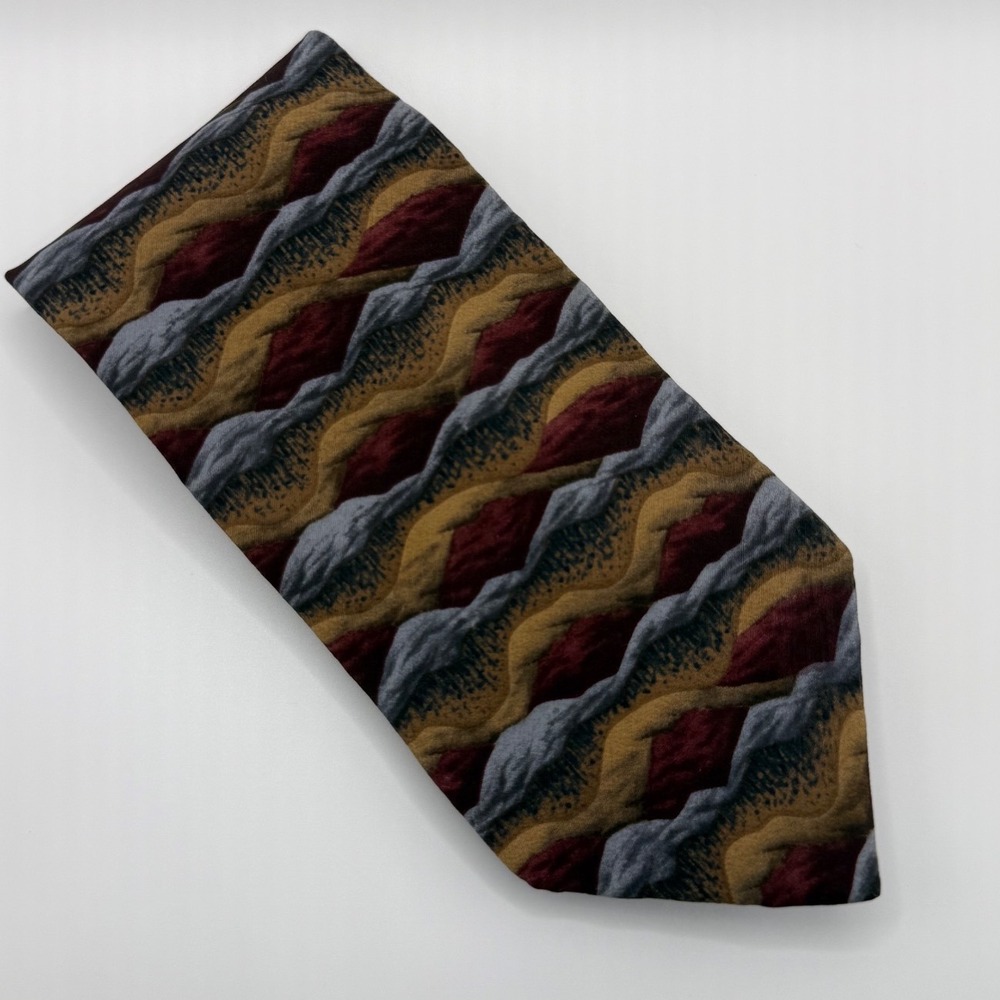 J. Garcia Necktie OS Abstract Wavy Silk Burgundy Gold Grey Retro Psychedelic Tie